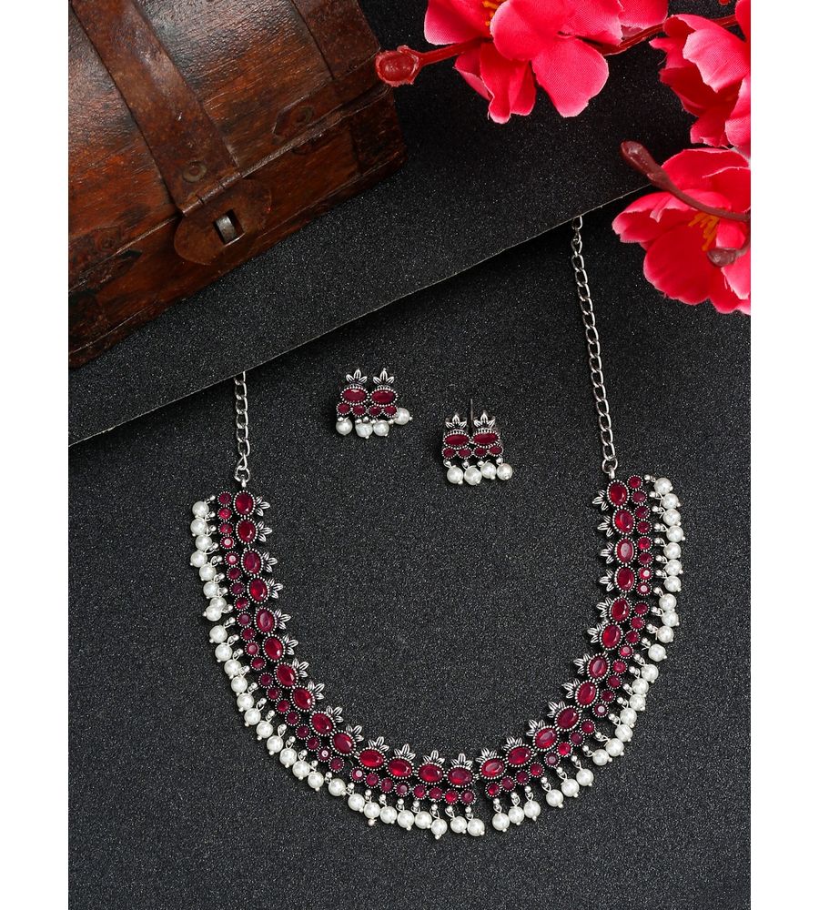 YouBella Jewellery Oxidised Silver Necklace Jewellery Set with Earrings for Girls and Women (Red) (YBNK_50524)